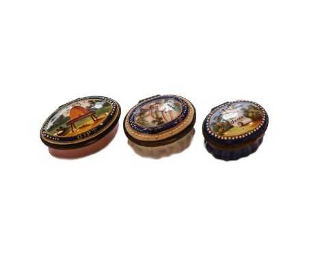 Three 18th century South Staffordshire enamel patch boxes, one of navette form, painted with a bee hive and inscribed 'A Frie