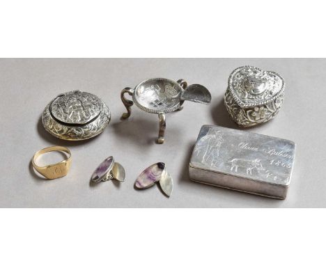 A Collection of Silver and Silver Plate Items, comprising: a silver heart-shaped box, stamped with foliage; a Dutch silver bo