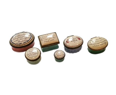 Three 18th century South Staffordshire enamel patch boxes and three snuff boxes, each with insciptions, one with doves 'We Li