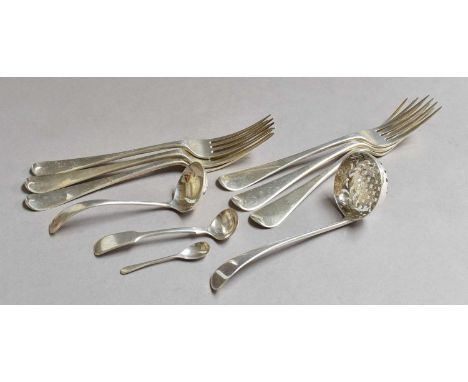 A Collection of George III and Later Flatware, including: a set of six Old English pattern table-forks, London, 1825; an Old 