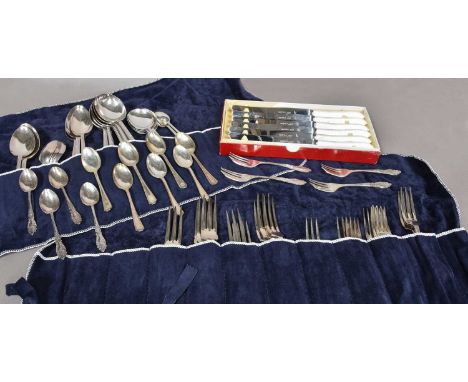 A Collection of Assorted Silver and Silver Plate, the silver including: a three-piece condiment-set; a cased set of six teasp