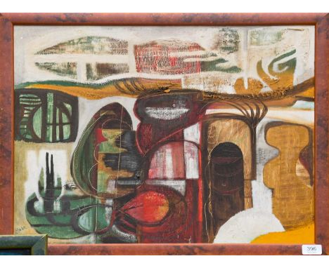SS Dutta (b.1933) IndianAbstract composition Signed and dated (19)69, oil on board, 49cm by 59.5cm Dutta is a little known ar