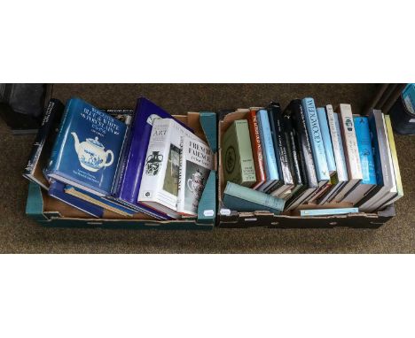 Two boxes of reference books, mainly British ceramics including, Worcester blue and white porcelain, branyan, French and sand