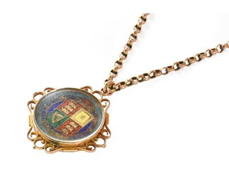 An enamel and gilt shilling coin pendant on chain, pendant length 3.9cm, chain length 54cmPendant - mount hallmarked 9 carat 