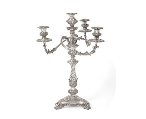 A George IV or William IV Old Sheffield Plate Four-Light Candelabrum, by T. and J. Creswick, Sheffield, Circa 1830, on trifor