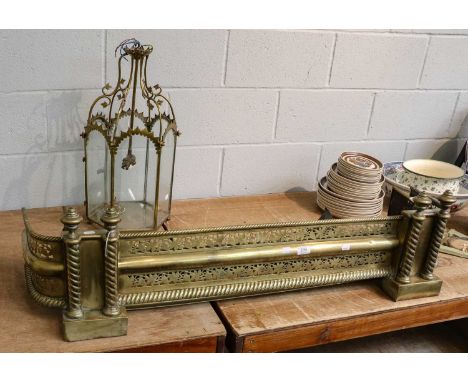 A collection of 19th century and later brasswares, comprising two pierced fire fenders, and hexagonal two-light hall lantern,