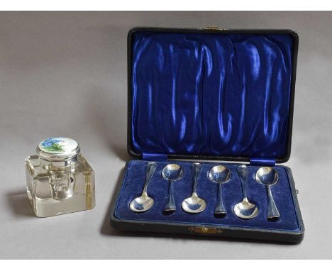 An Edward VII Silver and Enamel-Mounted Glass Inkwell, by Lawrence Emanuel, Birmingham 1901, the oval, the glass body square,