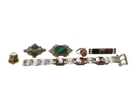 A small collection of hardstone jewellery, including a bracelet, Grolength 19.5cm; three brooches; a ring, finger size M; and