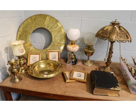 A large gilt metal table lamp ornamented with acanthus, another twin branch gilt metal table lamp of fluted column form, a fu