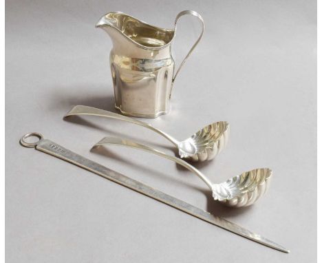 A pair of George III Silver Sauce-Ladles; a George III Silver Meat-Skewer and a George III Silver Cream-Jug, the ladles by Ri