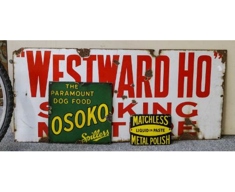 Five various enamel advertising signs for Hudson Soap, The People (newpaper), Osoko Dog Food, Matchless Metal Polish and West
