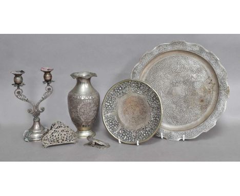 A Collection of Assorted Silver Plate and Metalware, including: a two-light candelabra, stamped '800', 20.5cm high; a Persian