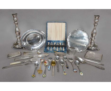A Collection of Assorted Silver and Silver Plate, the silver including: a pair of German silver candletsicks, stamped '800', 