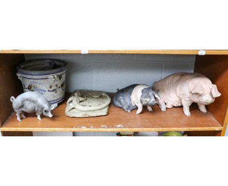 Raku pig, two other studio pottery pigs, Andrew Hague planter and a plaque
