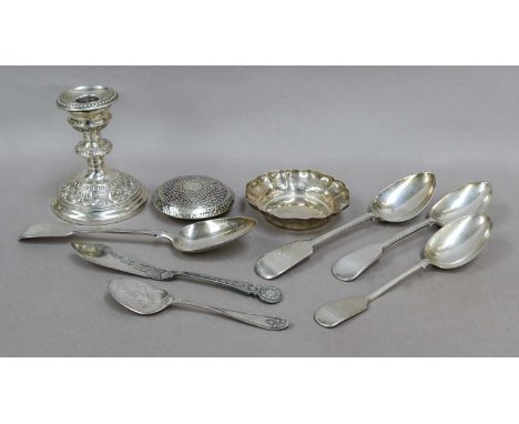 A Collection of Assorted Silver, comprising: a pair of Fiddle pattern table-spoons; a fluted silver dish a snuff-box with ham