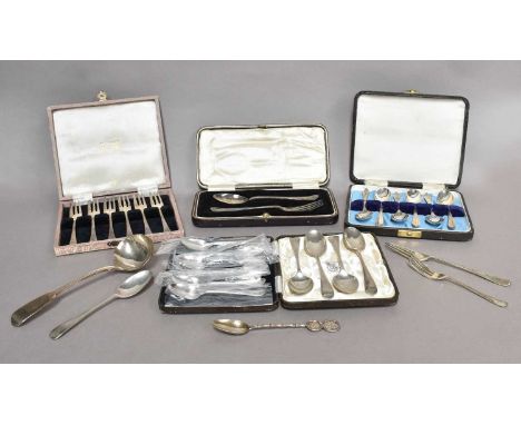 A Collection of Assorted Silver Flatware, including: a cased set of Hanoverian pattern teaspoons; a cased set of six teaspoon