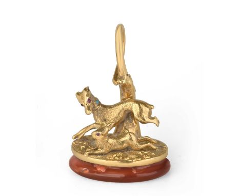 A Gold Fob-Seal, With Indistinct Mark, Second Half 19th Century, modelled as a hare coursing scene, with a greyhound leaping 