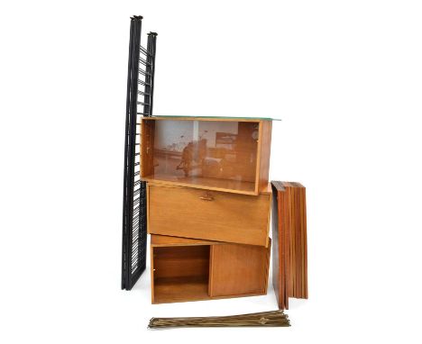 Mid 20th Century Staples Ladderax (Ladder racks) modular wall unit system comprising of 4 black metal ladder supports, three 