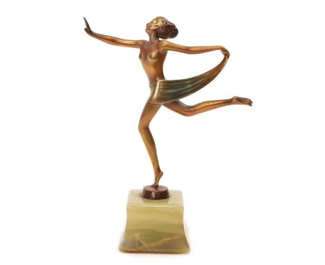 After Josef Lorenzl (1892-1950) Art deco cast metal figure of a partially clothed female dancer on a tapering square onyx bas