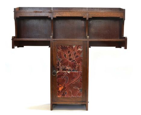 Liberty mahogany wall cabinet in 'T' configuration with two shelves above a central tiled cabinet door revealing a single she