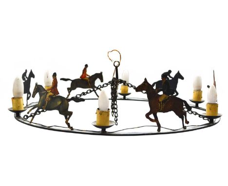 Mid 20th century equestrian themed circular wrought metal chandelier light fitting with 6 painted metal racehorses and huntsm