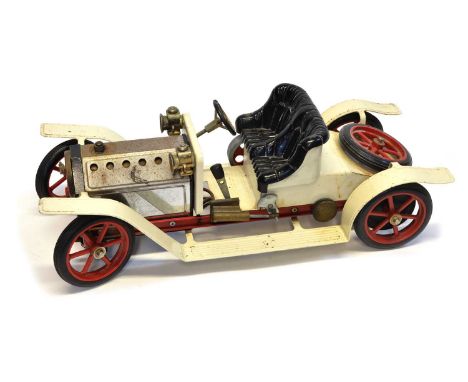 Mamod Roadster car steam engine in white, unboxed, 39cm long