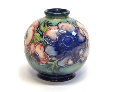 Moorcroft Anemone pattern spherical vase on light green to blue graduated ground.11cm highOverall crazing but no damage or re