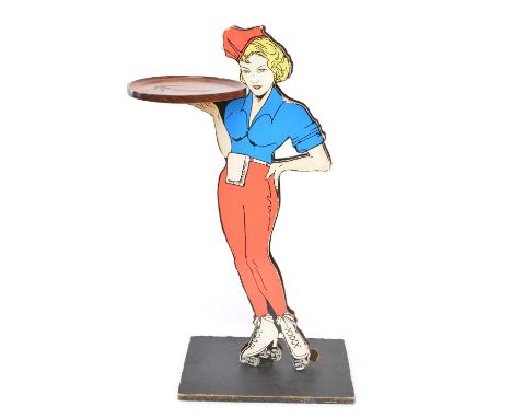 1950's occasional table, the hardboard figure with printed paper depicting American diner roller-skating waitress holding har