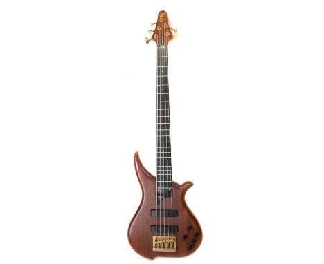 Tune Guitar Technology Japan five string bass, with ebony fingerboard, the maple headstock and body are capped with Indian Ro