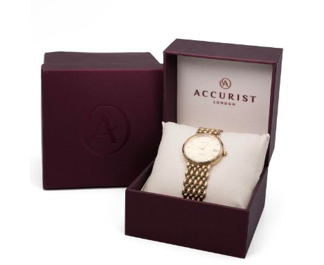 Accurist 9ct gold gents quartz wristwatch. 27mm case, gold tone dial, baton indices and hands, date aperture at 3. 9ct gold s