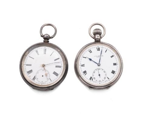 J.W. Benson sterling silver pocket watch x 2. Each 45mm cases, one c1885, other c1936. Combined gross weight 200 grams.