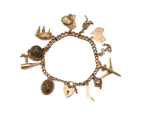 9ct gold (hallmarked) charm bracelet with an assortment of ten charms, to include a globe on stand, total combined weight. 36