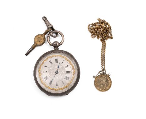 Ladies sterling silver cased pocket watch, c1882. 42mm case engraved to reverse, key wind, engine turned silver dial with gol