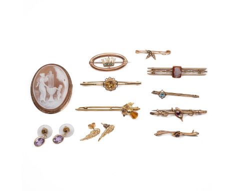 Seven assorted 9ct gold bar brooches all set with various stones, turquoise, citrine, amethyst etc., total weight 14.5 grams;