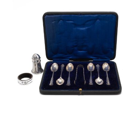 Six silver coffee spoons and sugar nips (cased), London 1912; pounce; and a wine drip collar ring. Total weight 103.6 grams.