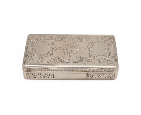 Continental silver snuff box, tested as 800, with engine turned decoration, with floral and acanthus decoration to the lid, w