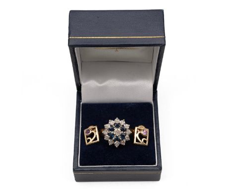 9ct gold hallmarked sapphire and diamond cluster ring, size S, weight 4.9 grams; and a pair of amethyst 9ct gold earrings, 1.
