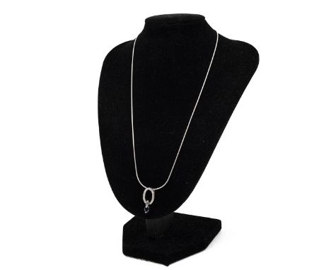 18ct white gold necklace, with an open oval shaped pendant set with diamonds and a drop amethyst, L24cm, weight 8.25 grams.