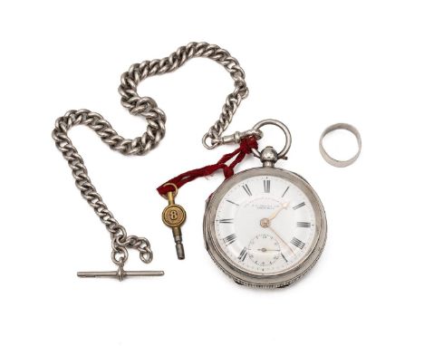 Silver pocket watch, Albert chain and ring. 54mm sterling silver case, white enamel dial marked 'The Express English Lever, J