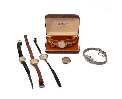 9ct gold ladies wristwatches x 2. One - 22mm 9ct case, manual wind, 15 jewels, rope strap, gross weight 12.4 grams; one - 22m