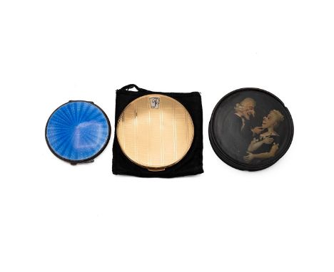 Georgian lacquered circular box with cover, hand painted with caricatured figures, diameter 8cm; together with an engine turn