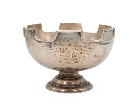 Silver presentation rose bowl, hallmarked London, marks rubbed, maker Charles Edwards, H10.5cm, weight 300 grams.