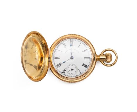 18ct gold Waltham ladies hunter pocket watch. 35mm case, marked 'American Waltham USA', Roman numeral hour markers, subsidiar