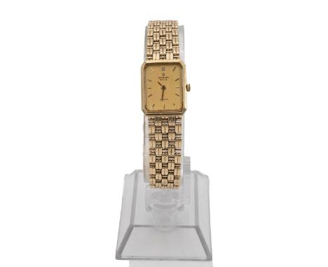 9ct gold Marvin Revue quartz wristwatch. 32mm x 36mm case, gold tone dial, baton hands with small inset stone at 12. Both cas