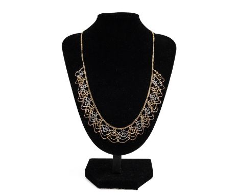 Fine&nbsp;18ct gold stamped 750 necklace with intricate woven choker style drop, weight 11.58 grams.
