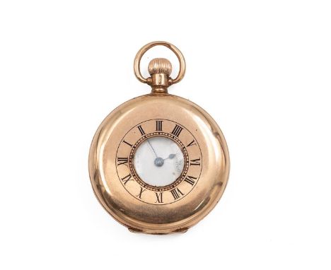 9ct gold Waltham USA half hunter pocket watch. 55mm case, 17 jewels, manual wind, white enamel dial with Roman numeral hour m