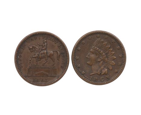 American Civil War Tokens (2) - 1863 First In War, First In Peace/Union For Ever (EF); and 1863 Indian Head/Crossed Cannons (