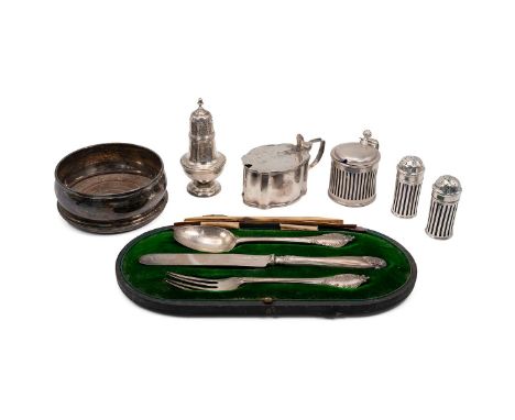 Assortment of silver tableware to include mustard pot with liner, sugar sifter, three piece cruet set all with liners and a c