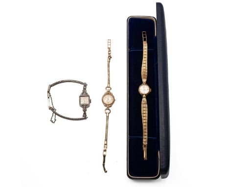 9ct gold ladies cocktail watch x 2 and one costume watch. Includes: Accurist, 17mm x 20mm 9ct gold case, 21 jewels, manual wi