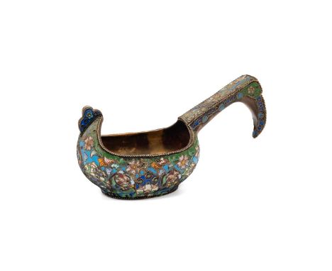 Russian silver gilt and cloisonne enamel kovsh, with hallmark '84' and worn maker's mark, gross weight 85.2 grams.